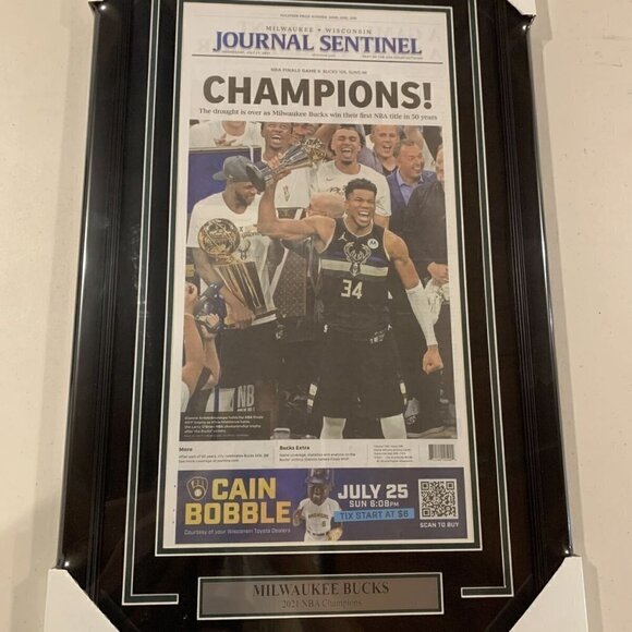 Bucks 2021 NBA champions Milwaukee Journal Sentinel original Newspaper Framed - Picture 1 of 3